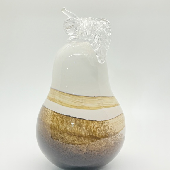 Zorza Handblown Art Glass Pear Applied Glass Stem & Leaf Beige/Brown/White - Picture 1 of 5